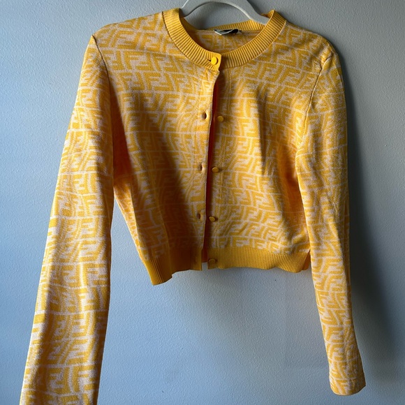 Fendi FF Vertigo Print Cropped Cardigan in Yellow Viscose Size 44 - Picture 3 of 11